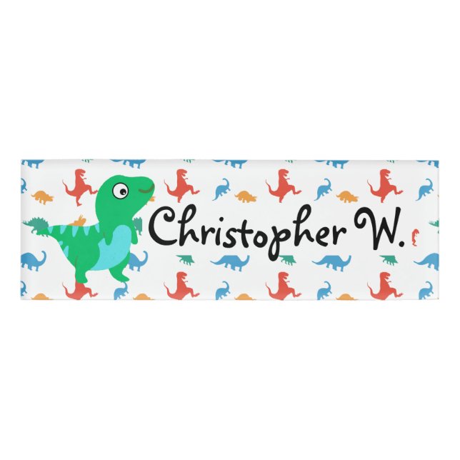 Dinosaur T-Rex Pattern Modern Kids Name Tag (Front)
