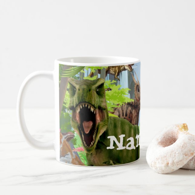 Dinosaur T Rex Personalised Coffee Mug, Cup (With Donut)