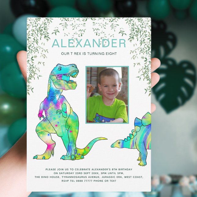 Dinosaur T Rex Photo Birthday Party Invitation (Dinosaur T-Rex jungle 8th birthday party invitation photo template Tyrannosaurus Rex stegosaurus )