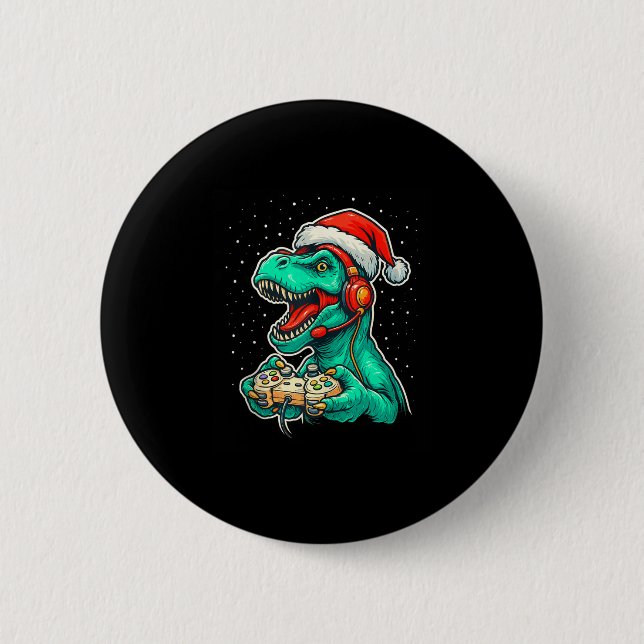 Dinosaur T Rex Playing Video Game Santa Hat Christ 6 Cm Round Badge (Front)
