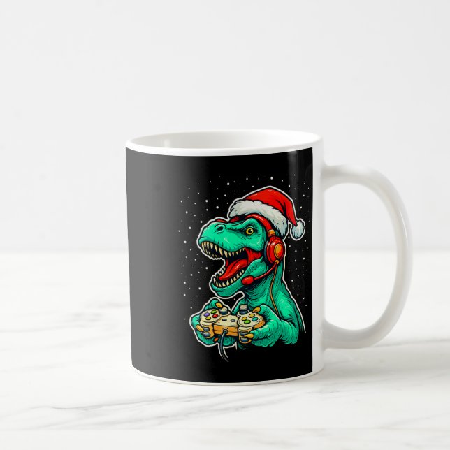 Dinosaur T Rex Playing Video Game Santa Hat Christ Coffee Mug (Right)