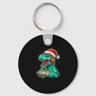 Dinosaur T Rex Playing Video Game Santa Hat Christ Key Ring