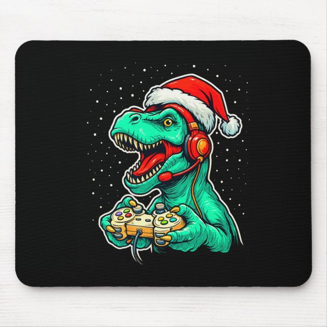Dinosaur T Rex Playing Video Game Santa Hat Christ Mouse Pad (Front)