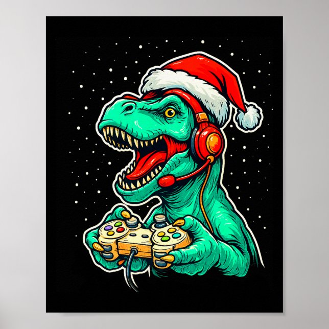 Dinosaur T Rex Playing Video Game Santa Hat Christ Poster (Front)