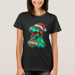 Dinosaur T Rex Playing Video Game Santa Hat Christ T-Shirt
