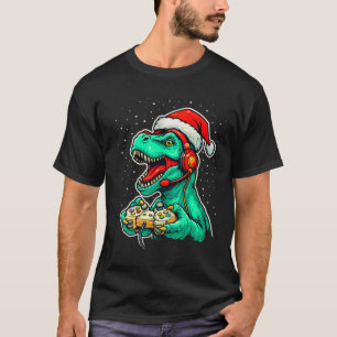 Dinosaur T Rex Playing Video Game Santa Hat Christ T-Shirt
