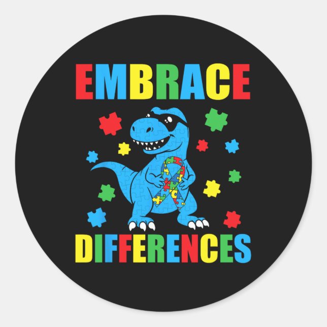 Dinosaur T-rex Puzzle Embrace Differences Autism A Classic Round Sticker (Front)