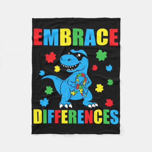 Dinosaur T-rex Puzzle Embrace Differences Autism A Fleece Blanket (Front)