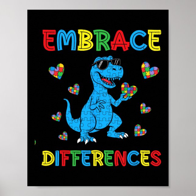 Dinosaur T-rex Puzzle Embrace Differences Autism A Poster (Front)