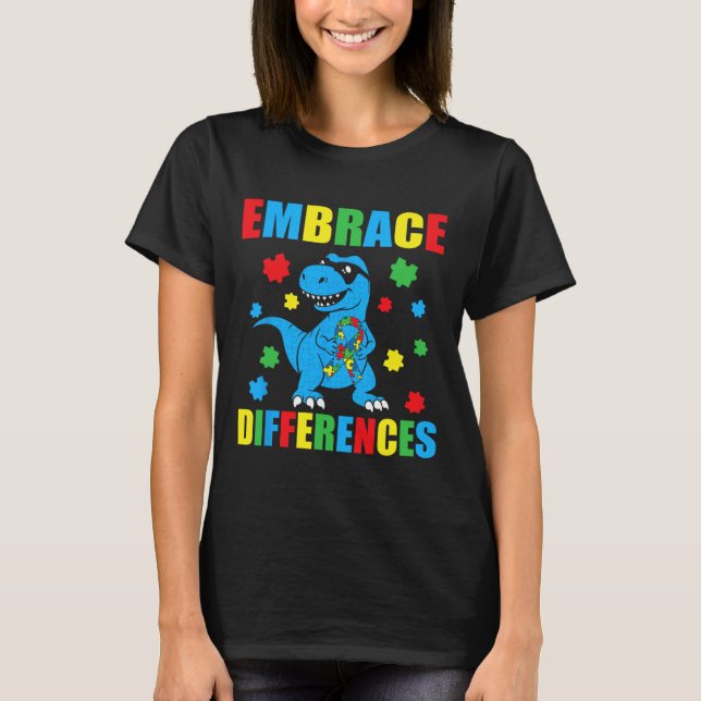 Dinosaur T-rex Puzzle Embrace Differences Autism A T-Shirt (Front)