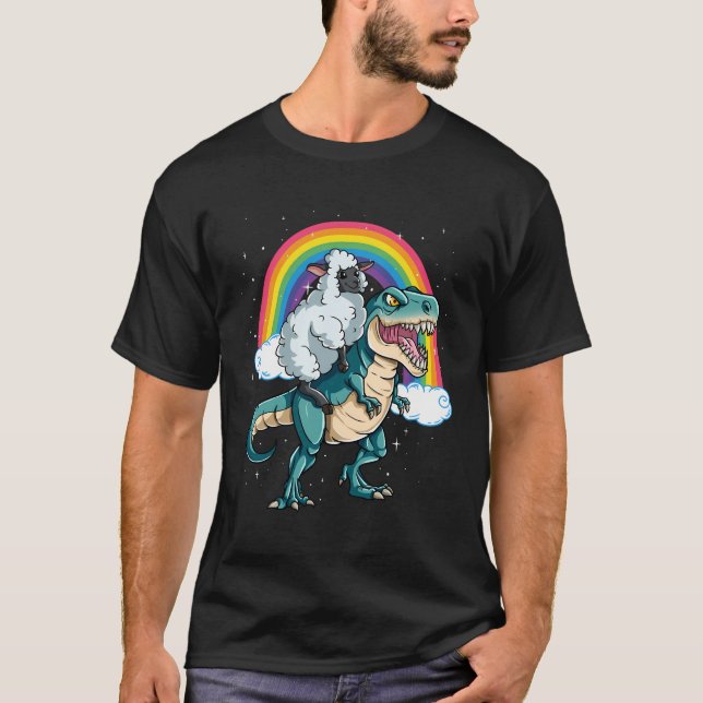 Dinosaur T Rex Rainbow Cloud Sparkles Sheep T-Shirt (Front)