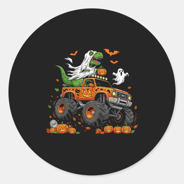 Dinosaur T-rex Riding Monster Truck Halloween Men  Classic Round Sticker (Front)