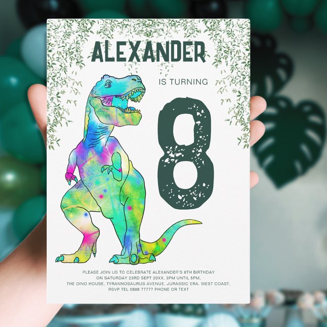 Dinosaur T-Rex Roar Birthday Party Invitation (T-Rex Roar dinosaur 8th birthday party invitation colorful dino art jungle foliage green typography )