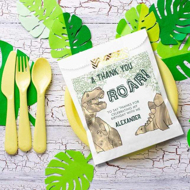 Dinosaur T-Rex Roar Birthday Party Thank You Favour Bag (Dinosaur roar jungle birthday party thank you custom favor bags with T-Rex and stegosaurus )