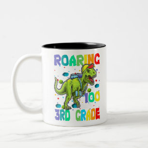 Dinosaur T-Rex Roaring Into 100 Days Of 3rd grade Two-Tone Coffee Mug