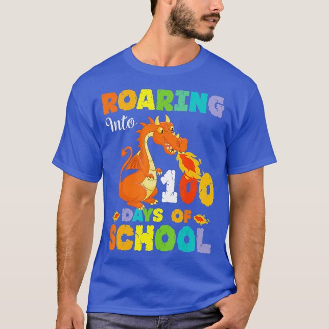 Dinosaur T-Rex Roaring Into 100 Days Of School T-Shirt (Front)