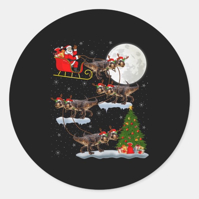 Dinosaur T-rex Santa Sleigh Flying Funny Magical C Classic Round Sticker (Front)
