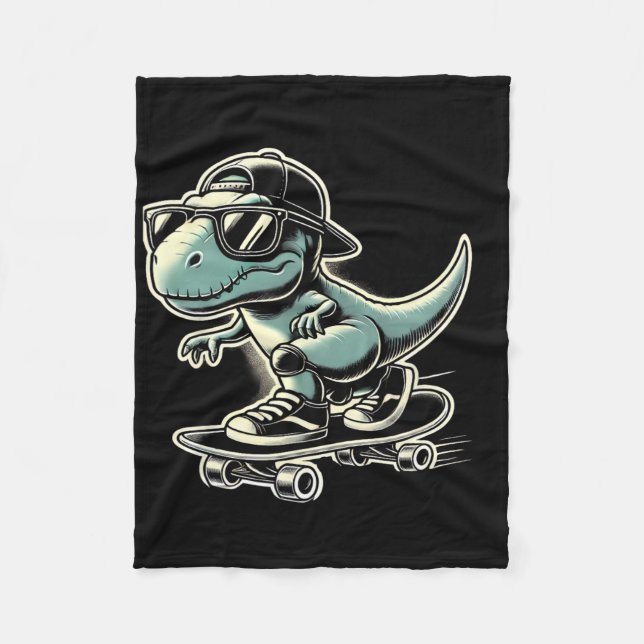 Dinosaur T Rex Skateboarding Funny Retro Skating  Fleece Blanket (Front)