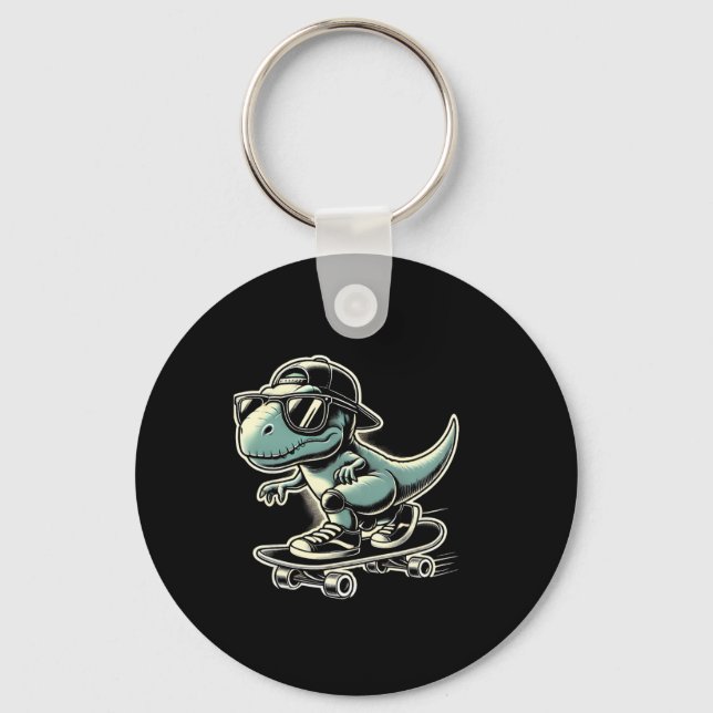 Dinosaur T Rex Skateboarding Funny Retro Skating  Key Ring (Front)