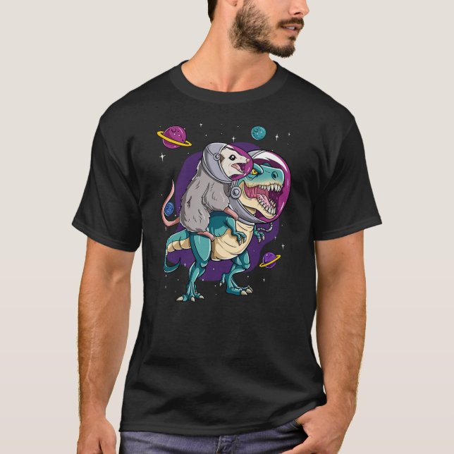 Dinosaur T Rex Space Planets Sparkles Possum T-Shirt (Front)