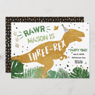 Dinosaur T-Rex Three-Rex RAWR Gold Boy Birthday Invitation