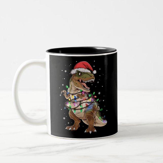 Dinosaur T-rex Tree Christmas Sweater Xmas Dino Two-Tone Coffee Mug (Left)