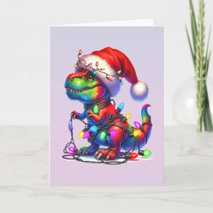 Dinosaur tangled up in fairy christms lights holiday card