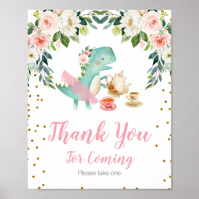 Dinosaur Tea Party Floral Thank you for coming Poster (Front)