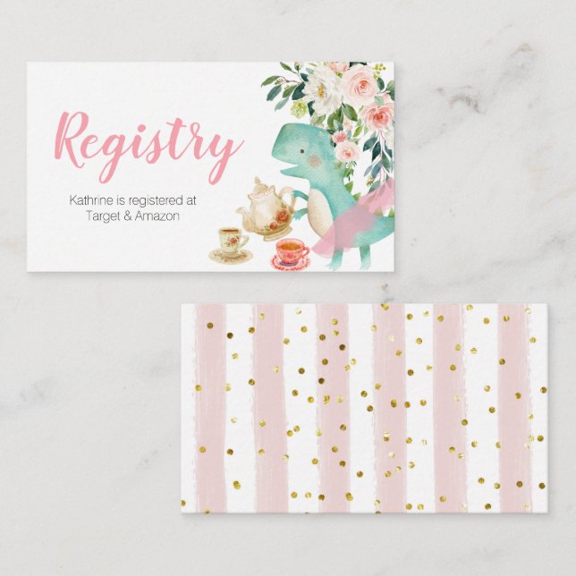 Dinosaur Tea Party Peach Floral Registry Enclosure Card (Front/Back)