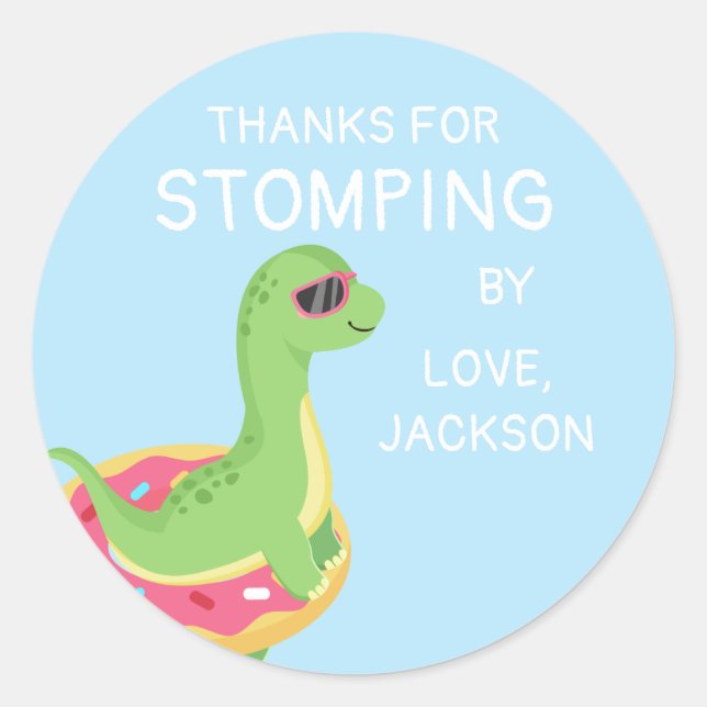 Dinosaur Thank you Stomping By Pool Party Classic Round Sticker (Front)