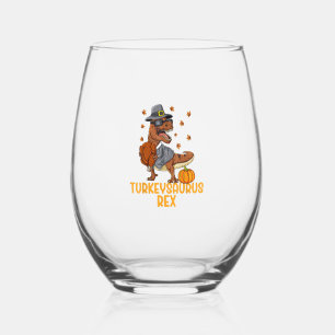 Dinosaur Thanksgiving Boys Turkey Saurus T rex Kid Stemless Wine Glass