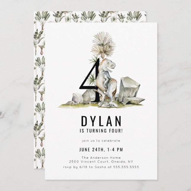 Dinosaur Theme 4th Birthday Party Invitation (Front/Back)