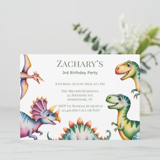 Dinosaur Theme Boy Birthday Party Invitation (Standing Front)
