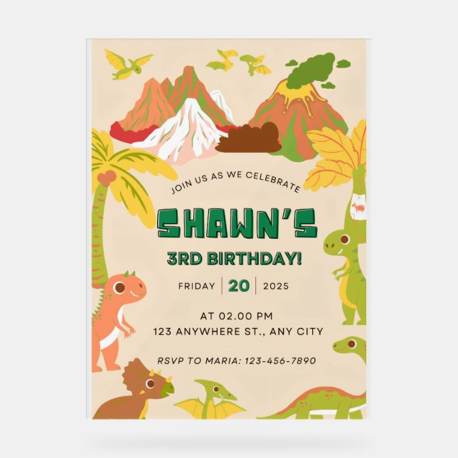 Dinosaur Theme Boy Birthday Party Invitation  Acrylic Sign (Front)