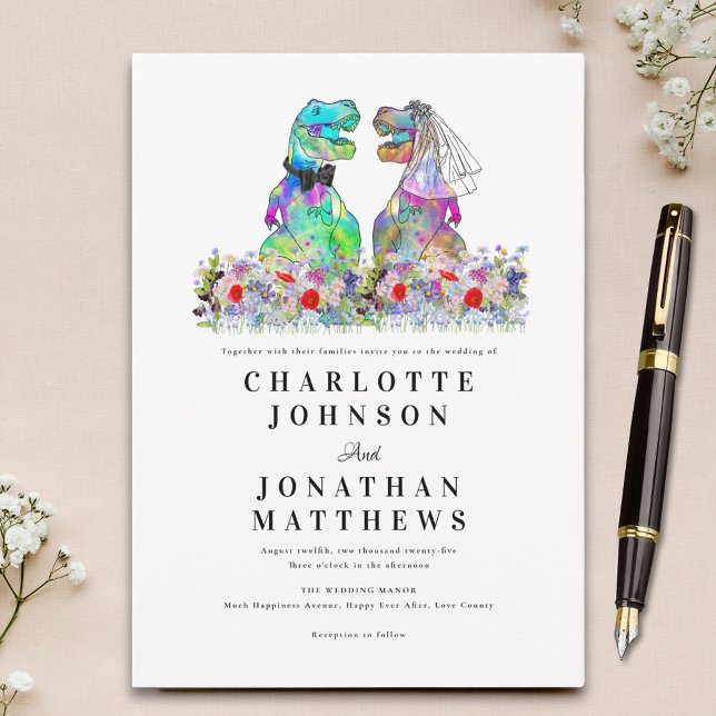 Dinosaur Theme Colourful Wildflower Wedding Invitation (Colorful wildflower dinosaur theme wedding invitation with fun dino bride and groom)