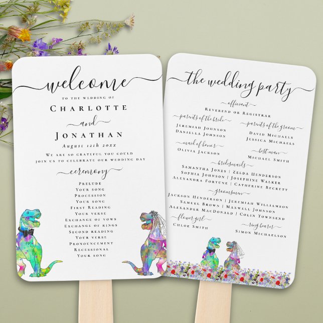 Dinosaur Theme Floral Wedding Ceremony Program Hand Fan (Watercolor wildflower dinosaur T-Rex bride and groom wedding ceremony program fan Vibrant bold color)