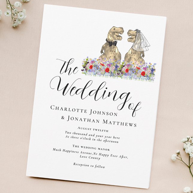 Dinosaur Theme Floral Wedding Invitation (Modern Script dinosaur theme wedding invitation with watercolor wildflowers & T-Rex bride and groom)