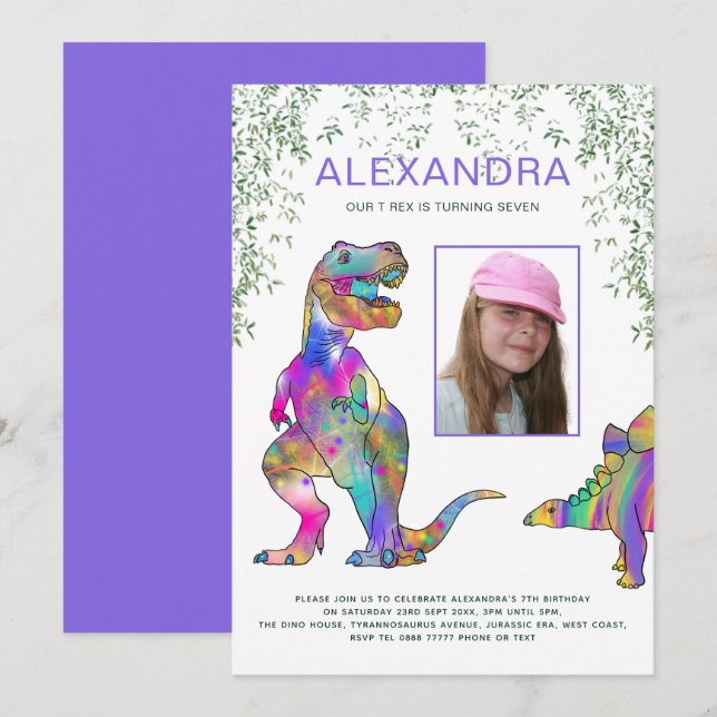 Dinosaur Theme Girls Birthday Party Photo Purple Invitation (Front/Back)