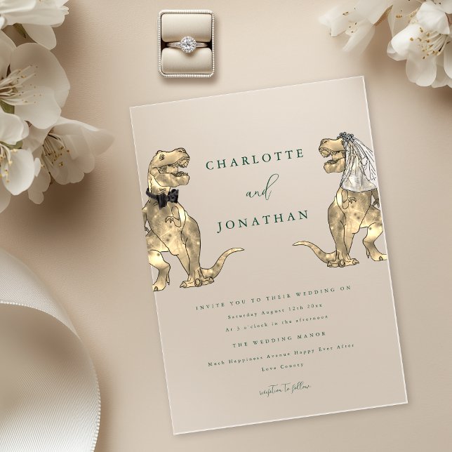 Dinosaur theme Green Wedding  Acrylic Invitations (Dinosaur theme wedding dark green modern elegant typography acrylic invitation T-Rex bride and groom)