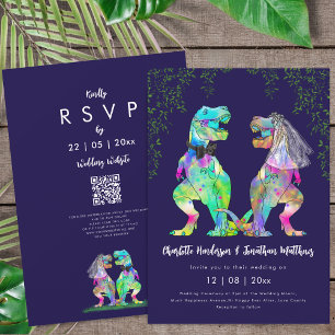 Dinosaur theme Navy Blue Pink Wedding QR Code Invitation