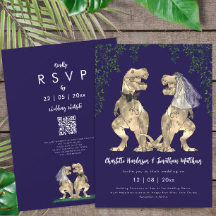 Dinosaur theme Navy Blue Wedding QR Code  Invitation