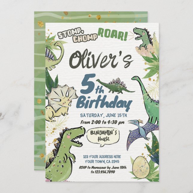 Dinosaur Theme Party Birthday, T Rex Invitation (Front/Back)