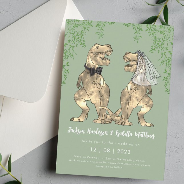 Dinosaur Theme Sage Green Wedding Invitation (Dinosaur T-Rex bride and groom sage green and white wedding invitation Funny T-Rex bride and groom )