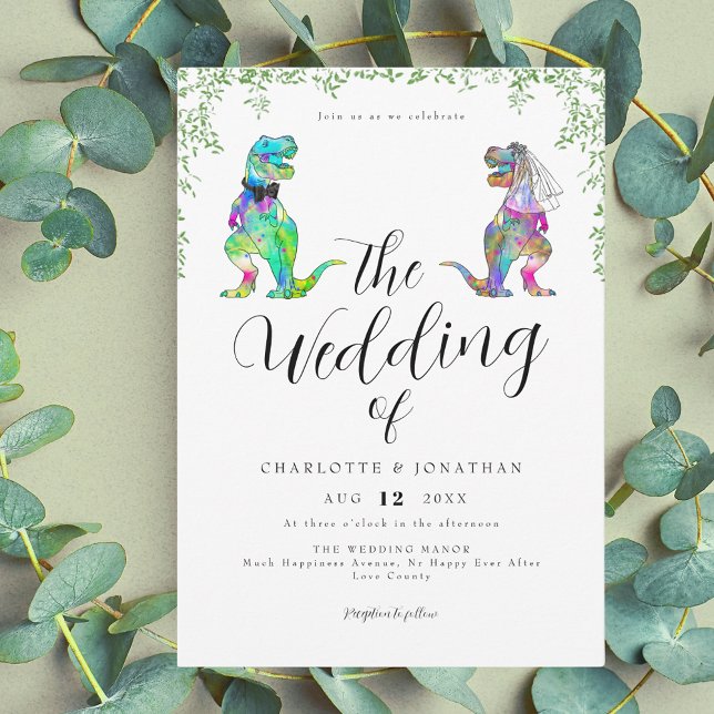 Dinosaur Theme Script Wedding Invitation (Stylish Script dinosaur theme wedding invitation)
