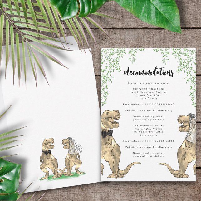 Dinosaur Theme Wedding Accommodations Enclosure Card (Funny T-Rex bride and groom dinosaur wedding invitation accommodations enclosure card)