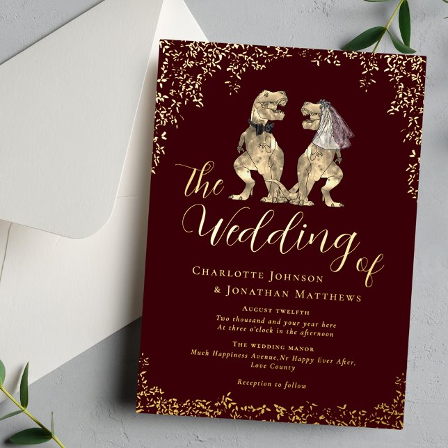 Dinosaur Theme Wedding Burgundy and Gold (Dinosaur theme wedding burgundy and gold foil foliage invitation T-Rex bride and groom dino )