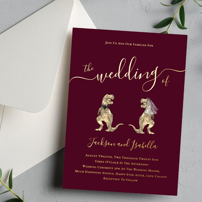 Dinosaur theme Wedding Burgundy and Gold (Dinosaur theme wedding burgundy and gold foil elegant script invitation T-Rex dino bride and groom)