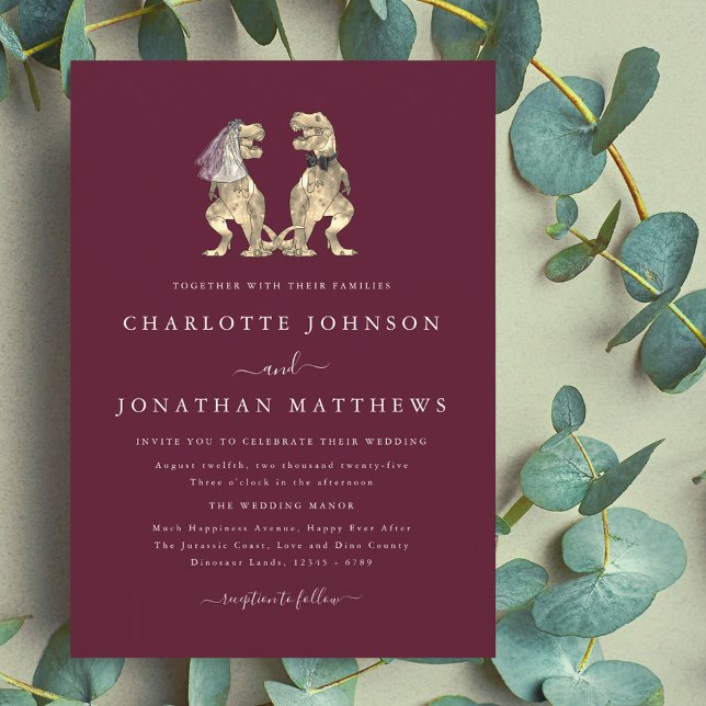 Dinosaur Theme Wedding Burgundy Cream Invitation (Dinosaur theme wedding burgundy cream ivory invitation elegant modern fun T-Rex dino Bride and groom)