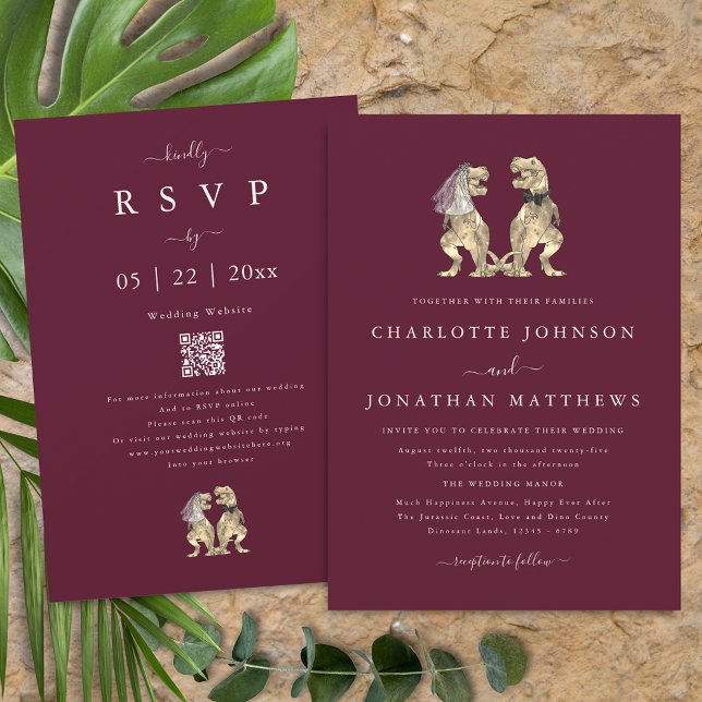 Dinosaur Theme Wedding Burgundy Cream QR Code Invitation (Dinosaur theme wedding burgundy cream qr code invitation T-Rex dino bride and groom elegant modern)