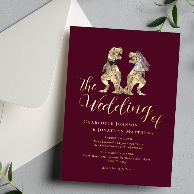 Dinosaur Theme Wedding Burgundy Gold (Dinosaur theme wedding burgundy gold foil invitation Elegant modern calligraphy script T-Rex dino)